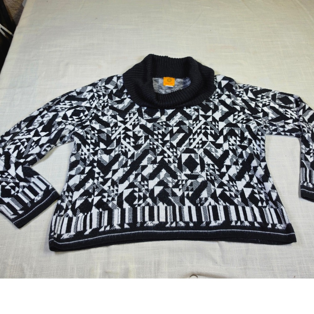 Ruby Rd Black White Geometric Cowl Neck Sweater XL Md n USA Vintage Acrylic Knit